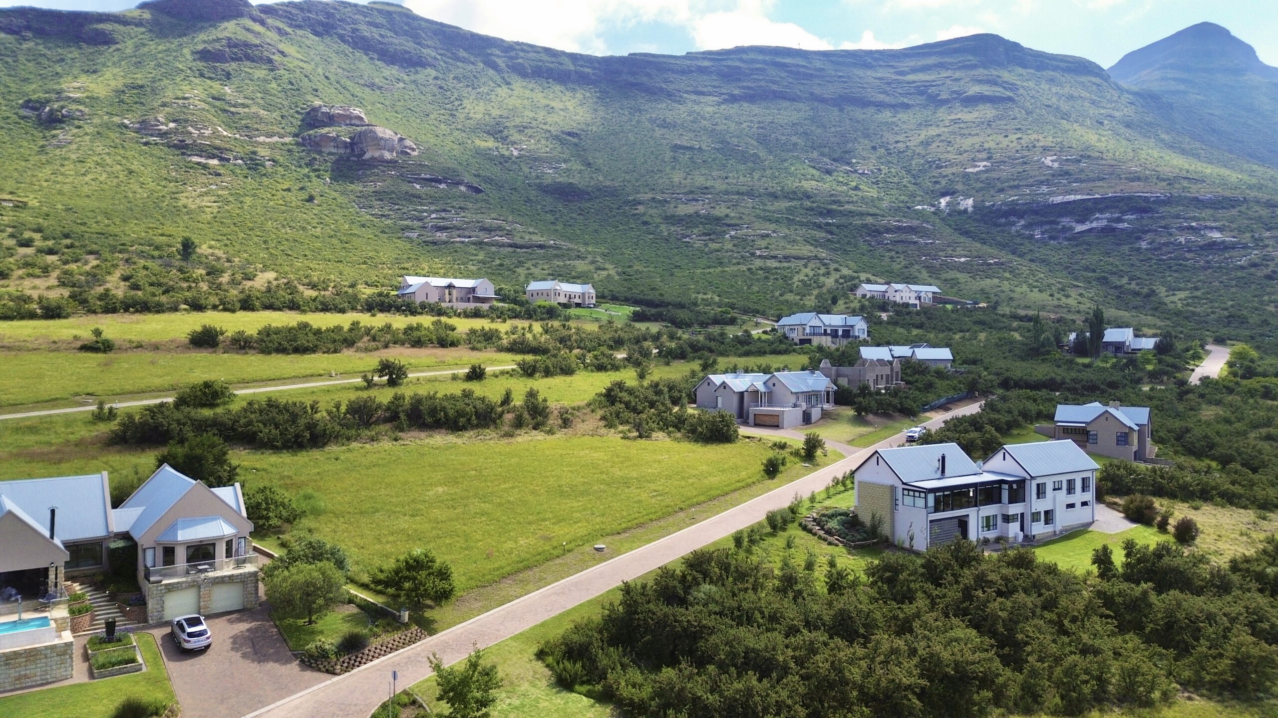 Aerial view of Clarens town and mountain landscape from the estate